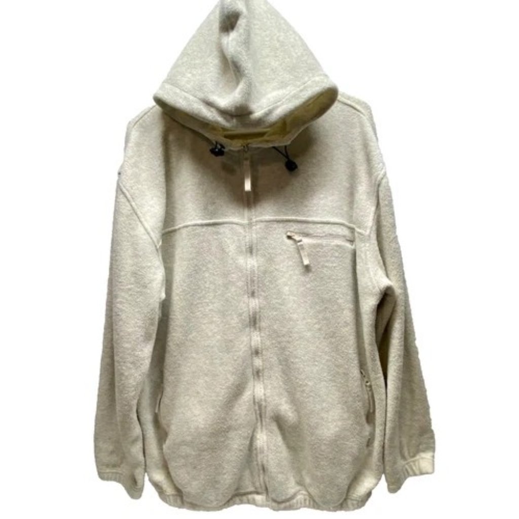 Haggar Full Zip Fleece Jacket Men's Large Ash Grey Ivory Hooded Activewear Guc